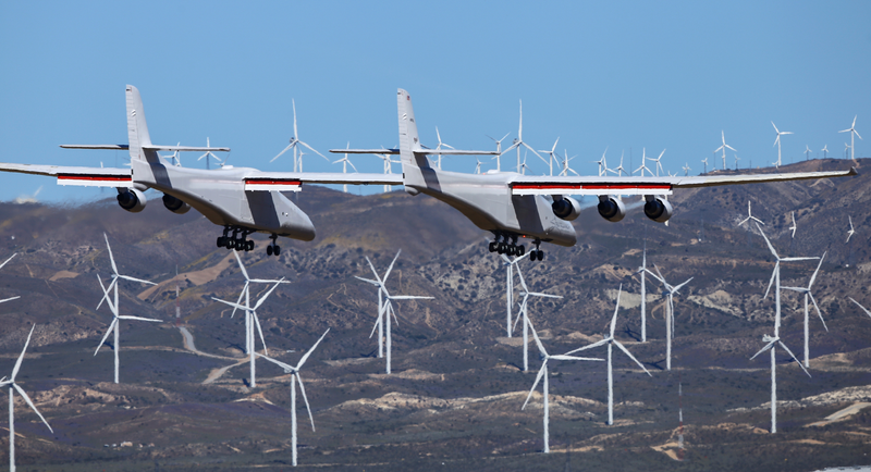 Stratolaunch, the world’s largest aircraft by wingspan, flying near Mojave Air & Space Port on April 13, 2019.